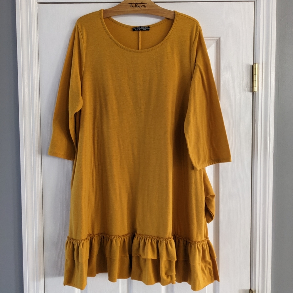 4/$25 Shop Basic Mustard Yellow Midi Ruffle Hem Dress - Sz 1XL